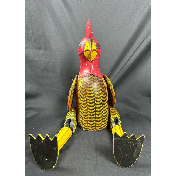 Carved Wood Folk Art Rustic Red & Yellow Painted Jointed Shelf Sitter Rooster - Picture 1 of 10